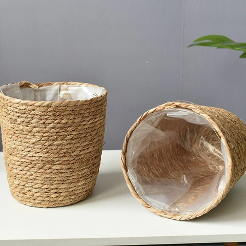 Rustieke Handgeweven Zeegras Bloempot Cover Waterdichte Voering Binnenhuis Decoratie Planten Mand Opbergmand Huisdecor