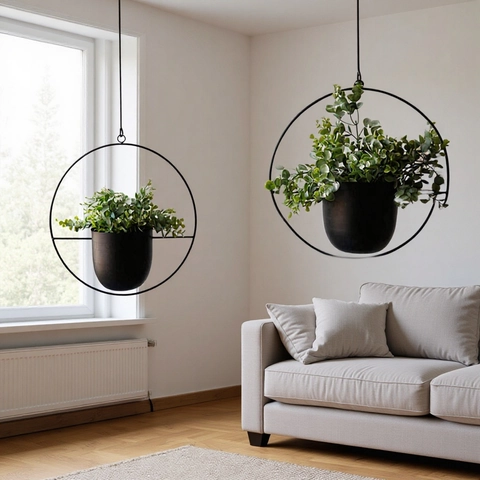 Fioriera Sospesa in Ferro Minimalista Moderna per Interni Esterni Giardino Balcone Metallo Sospeso a Parete Oro Nero Tondo Ovale