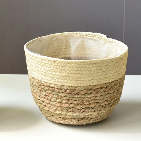 Cesto Fioriera Intrecciato in Paglia di Rattan Naturale Fatto a Mano Con Fodera Impermeabile Cesto Portaoggetti Rustico