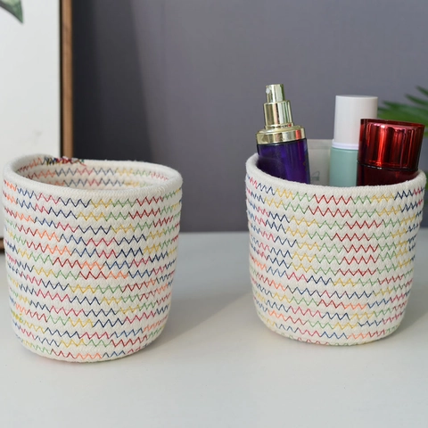 Cesto Portaoggetti da Scrivania in Canapa Intrecciata a Mano Con Cuciture Arcobaleno a Zigzag per Cosmetici Penne Casa
