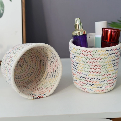 Cesto Portaoggetti da Scrivania in Canapa Intrecciata a Mano Con Cuciture Arcobaleno a Zigzag per Cosmetici Penne Casa