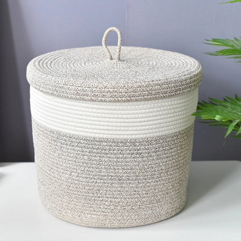 Woven Hemp Rope Storage Basket With Lid Foldable Round Laundry Hamper For Toys Clothes Home Organization Minimalist Style