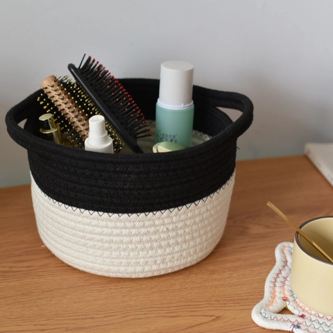 Minimalistische Zwart-wit Katoenen Touw Geweven Opbergmand met Handvaten Ronde Bureau Organizer voor Thuis Slaapkamer Decor