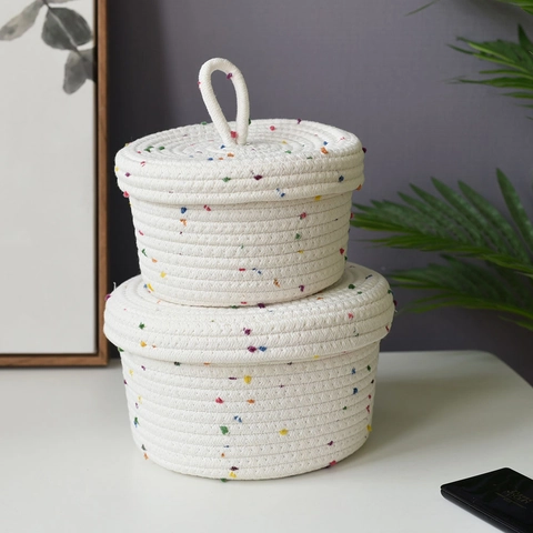 Nordic Woven Cotton Rope Storage Basket With Lid Colorful Polka Dot Desktop Organizer Bin For Cosmetics Snacks Toys Home
