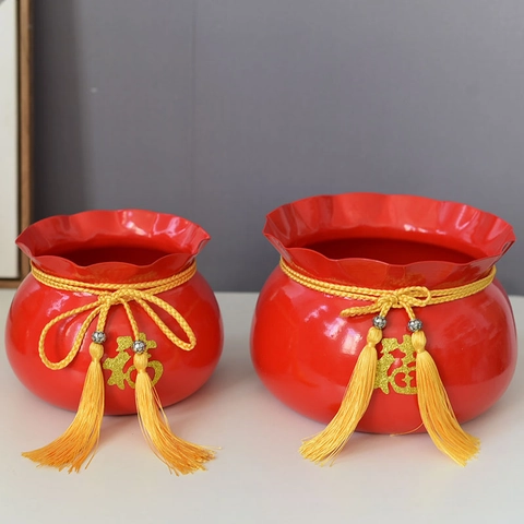 Chinese New Year Fu Lucky Bag Flower Bucket Metal Iron Vase Decoration For Spring Festival Wedding Party Home Decor Ornament