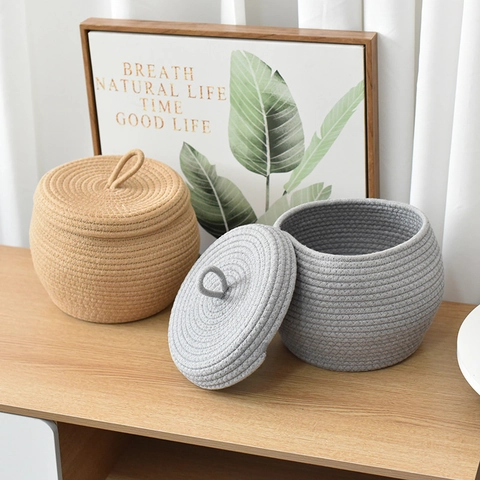 Cesto Portaoggetti in Corda di Cotone Fatto a Mano Con Coperchio Organizzatore Intrecciato Rotondo per Snack Articoli Vari Arredo Casa Minimalista