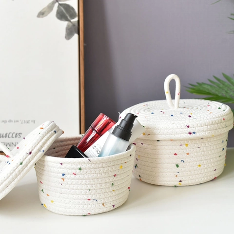 Nordic Woven Cotton Rope Storage Basket With Lid Colorful Polka Dot Desktop Organizer Bin For Cosmetics Snacks Toys Home