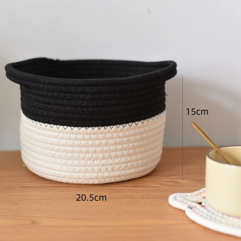 Minimalistische Zwart-wit Katoenen Touw Geweven Opbergmand met Handvaten Ronde Bureau Organizer voor Thuis Slaapkamer Decor