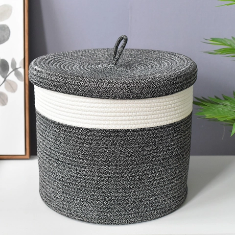 Woven Hemp Rope Storage Basket With Lid Foldable Round Laundry Hamper For Toys Clothes Home Organization Minimalist Style