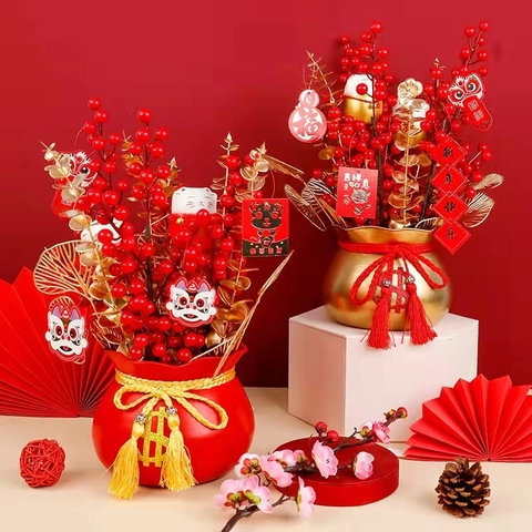 Chinese New Year Fu Lucky Bag Flower Bucket Metal Iron Vase Decoration For Spring Festival Wedding Party Home Decor Ornament