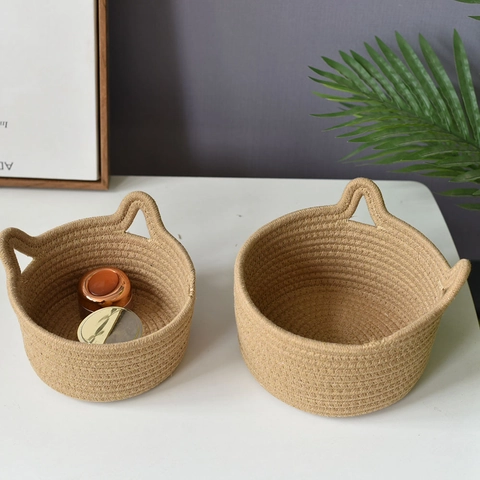 Cesto Portaoggetti in Canapa Intrecciata Nordica Fatta a Mano con Manici a Orecchie di Gatto Organizer in Corda di Cotone per Scrivania Trucco Casa