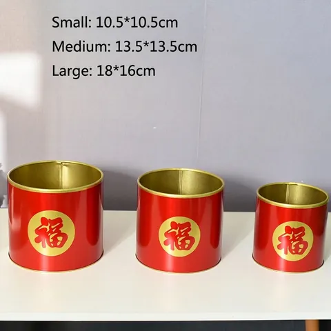 Chinesischer Stil Roter Metall Segenseimer Für Neujahr Heimdekoration Traditioneller Goldener Fu Charakter Eisen Blumen Eimer