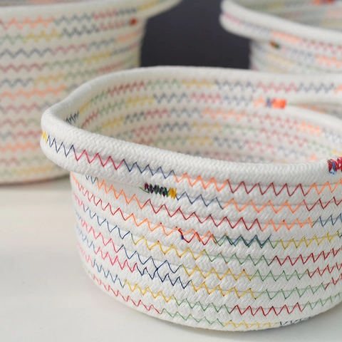 Nordic Cotton Rope Storage Basket With Rainbow Zigzag Stitching Woven Organizer Bin With Handles For Toys Snacks Cosmetics