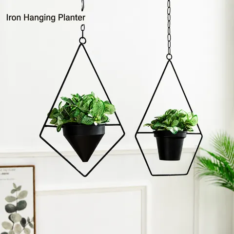 Geometric Hanging Metal Flower Pot Modern Iron Art Decorative Planter For Indoor Outdoor Home Decor Gold Black Basket