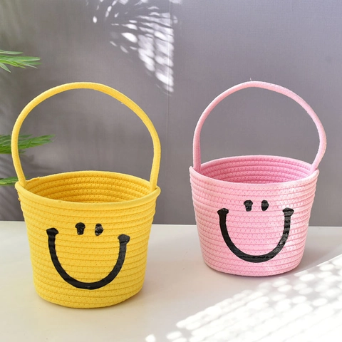 Cesto Portaoggetti Intrecciato in Corda di Cotone Fatto a Mano Con Manico Motivo Faccina Sorridente Organizzatore da Tavolo Decorativo