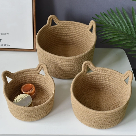 Cotton Rope Woven Storage Basket Cute Cat Ear Handles Desktop Organizer Nordic Style Hand Woven Basket For Toys Makeup Home Decor