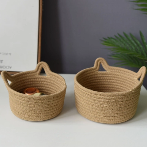 Cotton Rope Woven Storage Basket Cute Cat Ear Handles Desktop Organizer Nordic Style Hand Woven Basket For Toys Makeup Home Decor