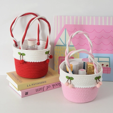 Cesto Portaoggetti Intrecciato a Mano in Corda di Cotone Simpatica Borsa a Mano con Ciliegie Borsa Regalo di Natale Organizzatore Casa