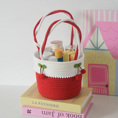 Borsa a Mano in Paglia Intrecciata Con Simpatica Decorazione a Ciliegia Borsa Tote Artigianale da Donna per Spiaggia Quotidiana