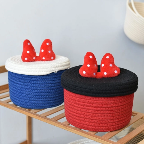 Cesto Portaoggetti Intrecciato in Corda di Cotone Con Coperchio Fiocco a Pois Organizzatore da Scrivania Rotondo Decorativo per Cosmetici