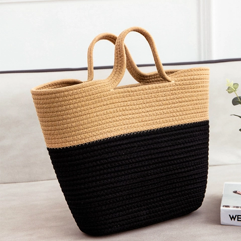 Simple Fashion Two-Tone Straw Woven Tote Bag Women Handcrafted Contrast Color Beach Vacation Large Capacity Shoulder Bag