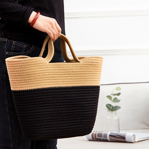 Simple Fashion Two-Tone Straw Woven Tote Bag Women Handcrafted Contrast Color Beach Vacation Large Capacity Shoulder Bag