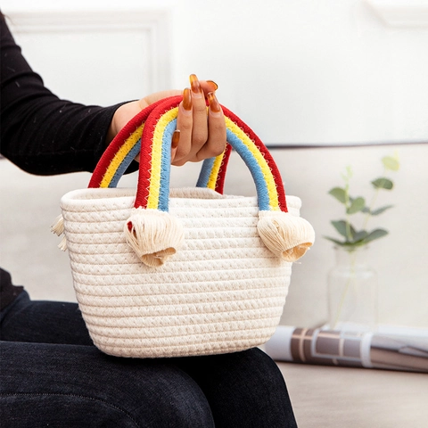 Handgewebte Regenbogen Griff Handtasche Damen Quaste Stroh Korb Tasche Urlaub Strand Tote Bag Casual Mode Beutel