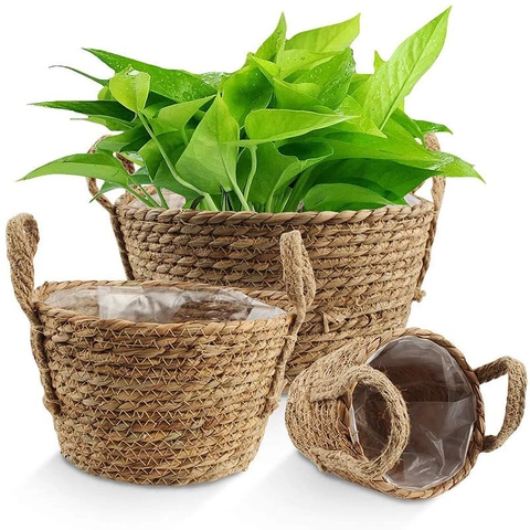 Rustieke Handgeweven Stro Plantenbak Mand Met Handvat Waterdichte Plastic Voering Natuurlijk Gras Decoratieve Bloempot