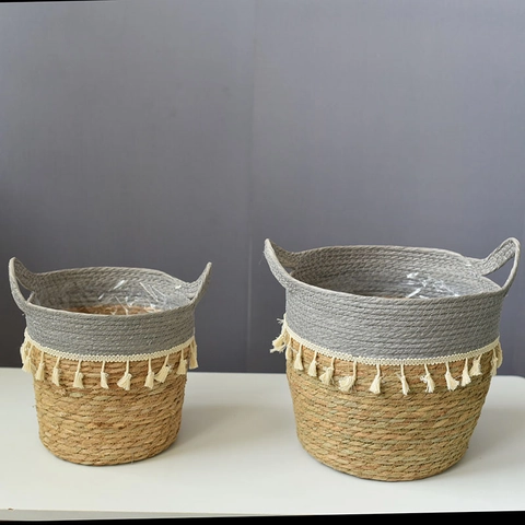 Bohemian Woven Seagrass Storage Basket With Tassels Handles Two-Tone Decorative Flower Pot Cover For Home Living Room