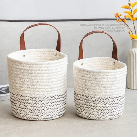Woven Cotton Rope Storage Basket Desktop Cosmetics Hanging Organizer With Leather Handle Small Flower Basket Storage Bin