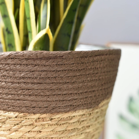 Handmade Woven Rattan Flower Pot With Waterproof Liner Round Straw Plant Basket Rustic Indoor Garden Decor Storage Bin