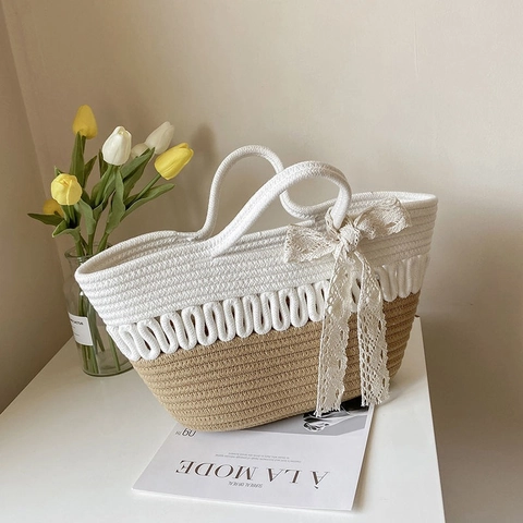 Women Large Capacity Woven Handbag With Lace Bow Contrast Color Straw Cotton Rope Tote Bag For Summer Beach Vacation