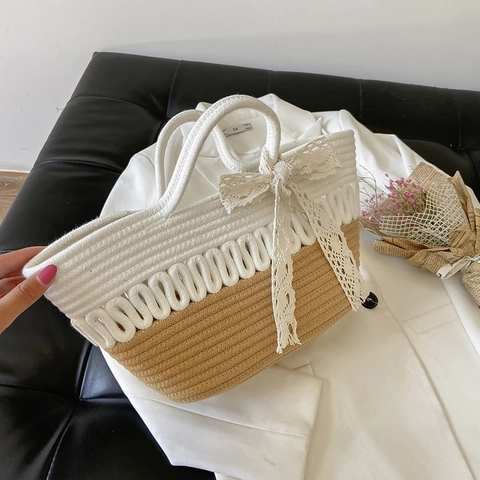 Women Large Capacity Woven Handbag With Lace Bow Contrast Color Straw Cotton Rope Tote Bag For Summer Beach Vacation