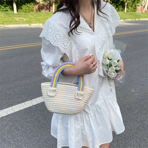 Cute Rainbow Handled Straw Woven Handbag For Women Handmade Cotton Thread Tassel Tote Bag Summer Beach Vacation Casual Small Purse