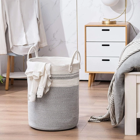 Moderne Grote Katoenen Touw Geweven Wasmand Met Handgrepen Opvouwbaar Colorblock Opbergmand Voor Kleding Speelgoed Organisatie