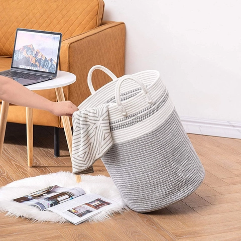 Moderne Grote Katoenen Touw Geweven Wasmand Met Handgrepen Opvouwbaar Colorblock Opbergmand Voor Kleding Speelgoed Organisatie