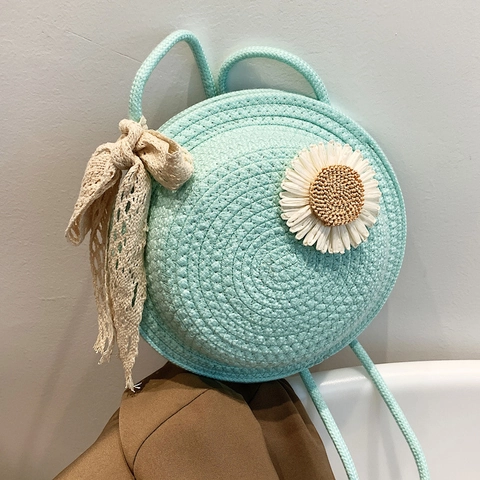 Borsa a Spalla Rotonda in Paglia Intrecciata da Donna Con Margherita e Fiocco in Pizzo Borsa a Tracolla Bohemienne per Mare