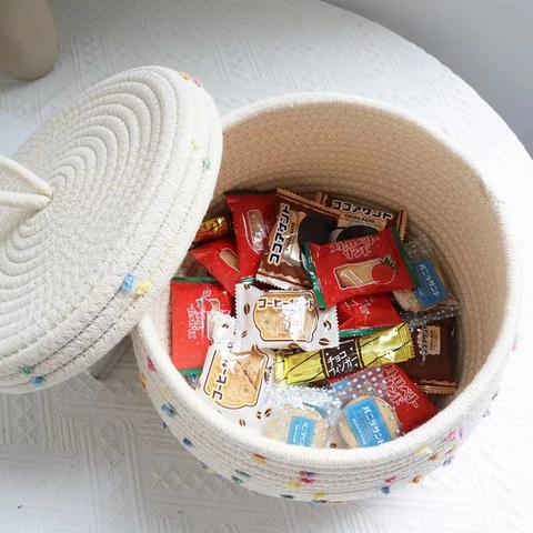 Cesto Portaoggetti Intrecciato in Corda di Cotone Nordico Con Coperchio Decorativo Pom Pom Organizer da Scrivania per Casa Ufficio