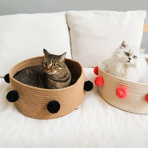 Nordisches Geflochtenes Baumwollseil Haustierbett Rundes Katzenhaus Mit Pompons Tragbares Atmungsaktives Hundennest Heimdeko Haustier Schlafkorb