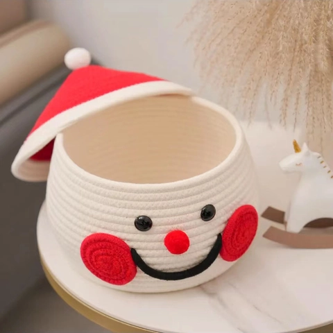 Cartoon Sneeuwpop Kerstboom Katoen Geweven Opbergmand Met Deksel Desktop Organizing Box Voor Woonkamer Slaapkamer