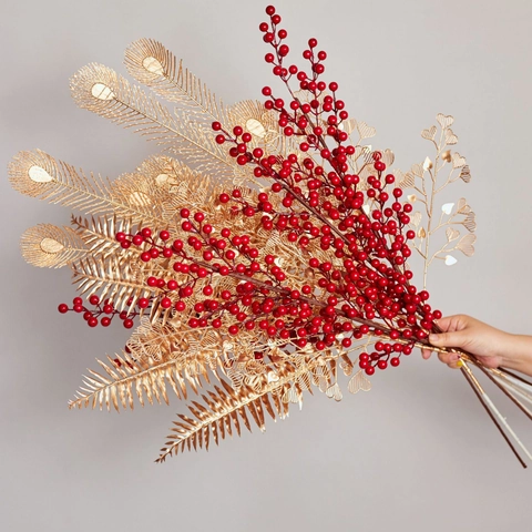 Künstliche Rote Beerenstiele Goldene Ginkgo Blatt Eukalyptus Zweige Für Weihnachten Neujahr Home Hochzeit Party Dekoration Künstliche Pflanzen