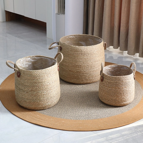 Woven Straw Plant Pot Cover Hand-Woven Storage Basket With Waterproof Liner And Leather Handle Accents Nordic Natural Indoor Planter
