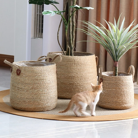 Woven Straw Plant Pot Cover Hand-Woven Storage Basket With Waterproof Liner And Leather Handle Accents Nordic Natural Indoor Planter