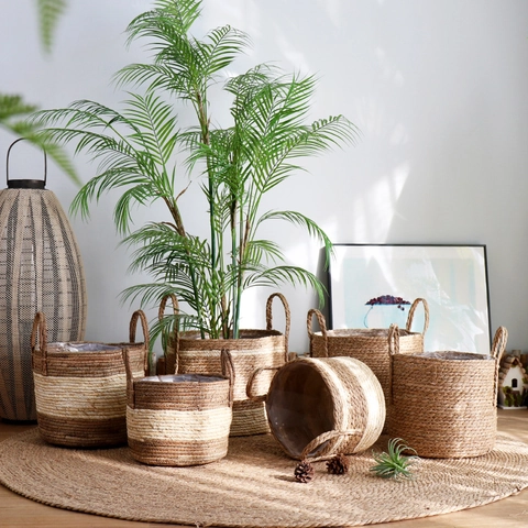 Cesto Fioriera in Paglia Intrecciato a Mano Nordico Con Rivestimento Impermeabile Doppie Maniglie Vaso da Fiori Decorazione Casa