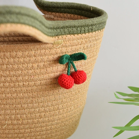 Mori Style Woven Cotton Handbag Sweet Crochet Cherry Decor Beach Holiday Tote Bag Vacation Basket Bag For Women