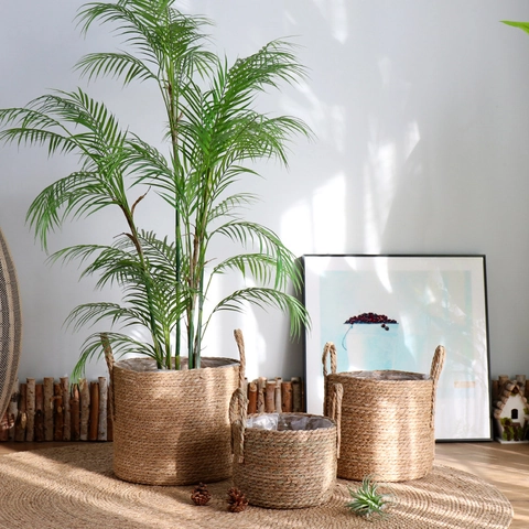 Cesto Fioriera in Paglia Intrecciato a Mano Nordico Con Rivestimento Impermeabile Doppie Maniglie Vaso da Fiori Decorazione Casa