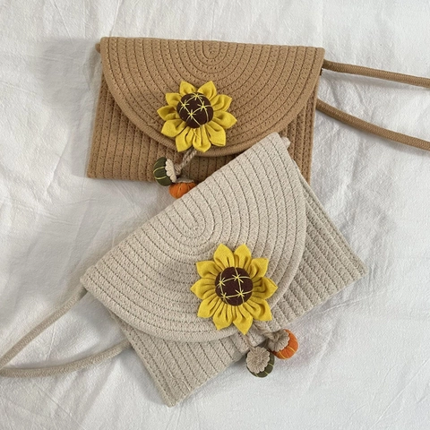 Süße Sonnenblume Gewebte Umhängetasche Für Damen Baumwollseil Handgefertigte Crossbody Tasche Mit Kürbis Anhänger Strandurlaub Stroh Stil Tasche