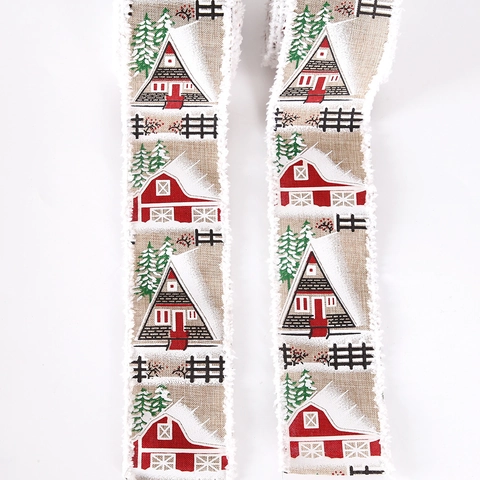 Vintage Christmas Ribbon Faux Burlap With Plush Edge Rural Cottage Snowy Spruce Print For Xmas Tree DIY Home Party Decor