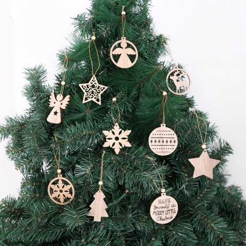 Christmas Wooden Ornaments For Xmas Tree Deer Snowflake Angel Star Shape Hanging Decoration Rustic Wood Pendant For Holiday Party Home Decor