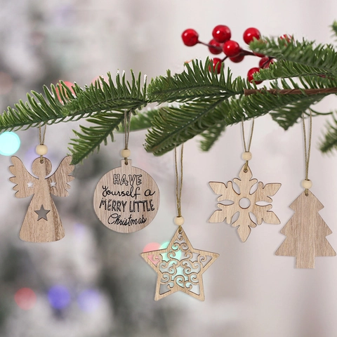 Christmas Wooden Ornaments For Xmas Tree Deer Snowflake Angel Star Shape Hanging Decoration Rustic Wood Pendant For Holiday Party Home Decor